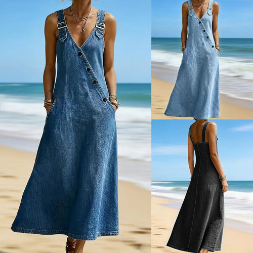 Women Denim Suspender Dress Sleeveless Overall Dresses Distressed Backless V Neck Button Washed Vestidos Summer Sundress A Line LADYLYS