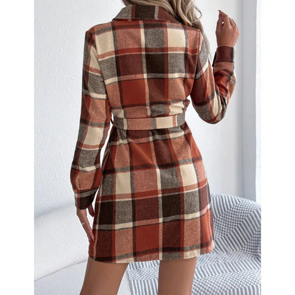 Women's Plaid Shirt Dress – Long Sleeve Belted A-Line Knee-Length Dress | Retro Casual Style