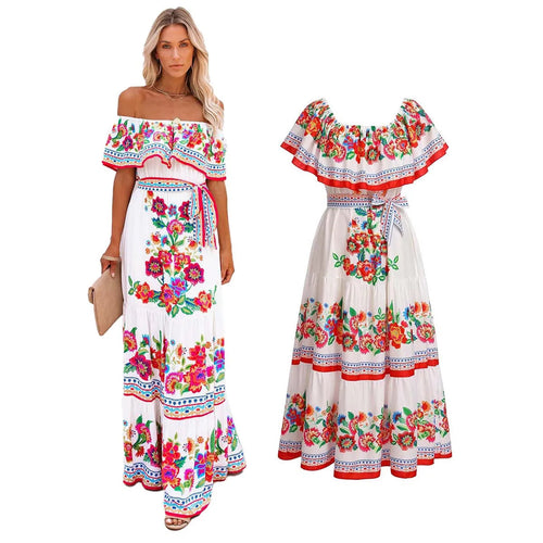 Ethnic Mexican Cinco De Mayo Summer Floral Print Off Shoulder Dress LADYLYS