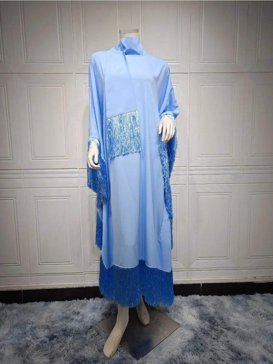 Women's Elegant Tassel Abaya Kaftan – Loose Long Evening Dress | Eid, Ramadan & Party Occasion