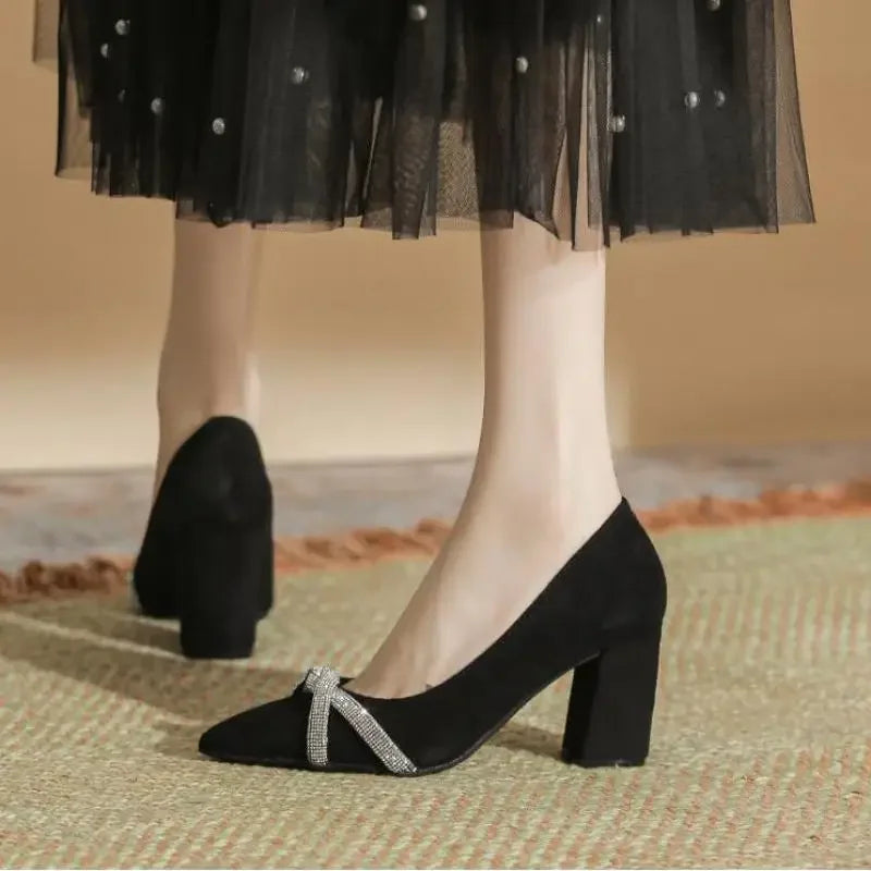 Chunky Heel Pointed Toe Rhinestone Suede High-heeled Shoes Women Block Heel Pumps LADYLYS