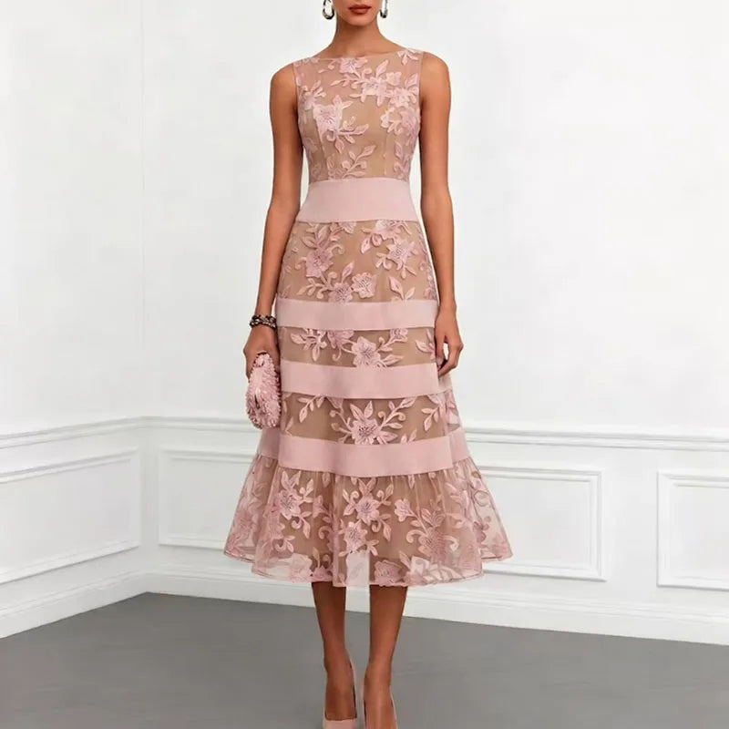 Floral Lace Mesh Sleeveless A-Line Dress – Elegant Formal Evening Gown