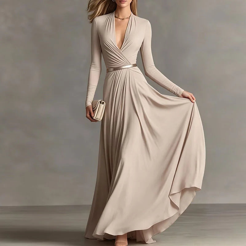 Women's Elegant Deep V-Neck Maxi Dress with Long Sleeves and Ruched Tie Waist