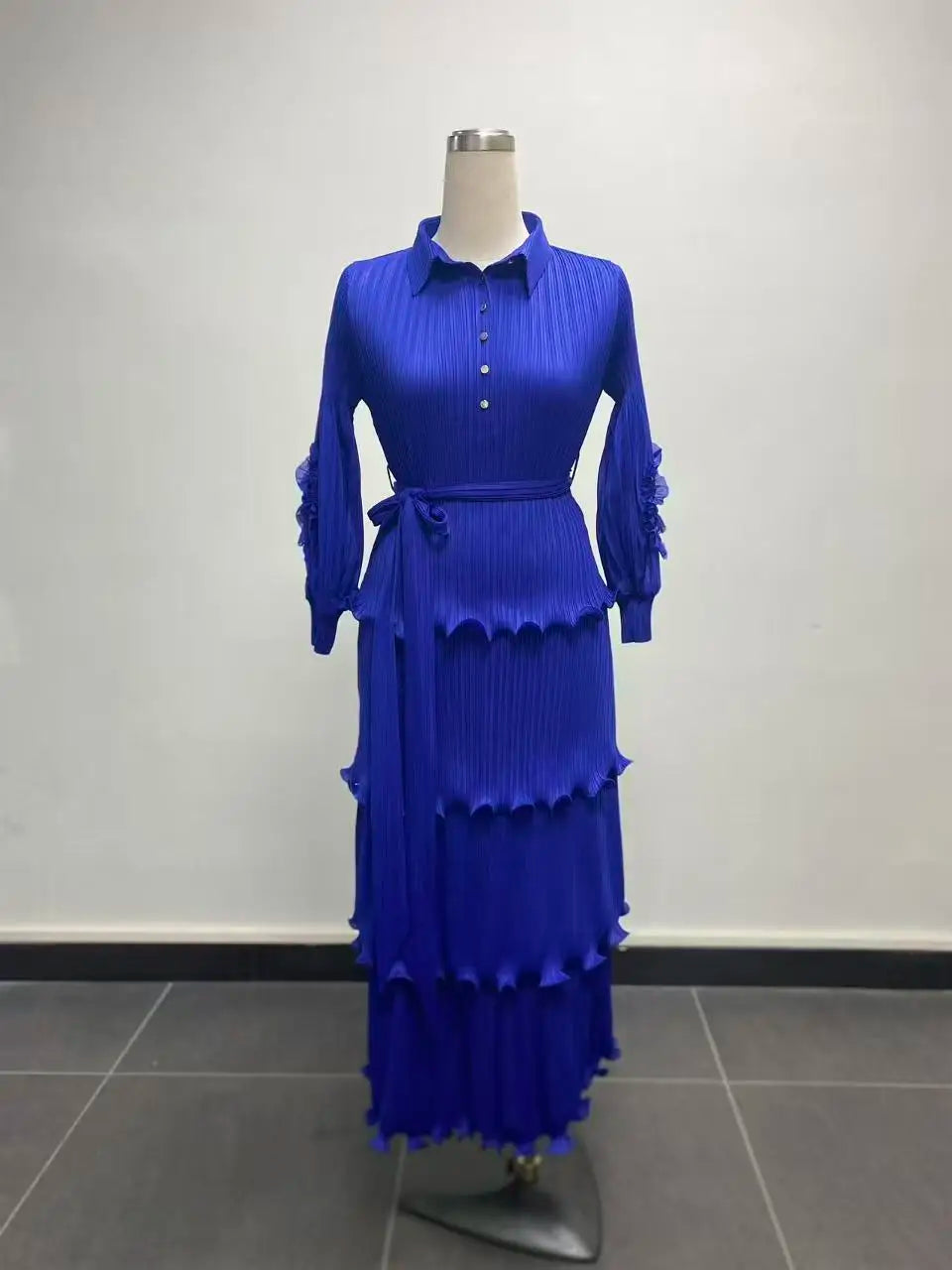Women's Miyake Pleated Tiered Maxi Dress – Petal Sleeve Belted Long Dress | Elegant African Style