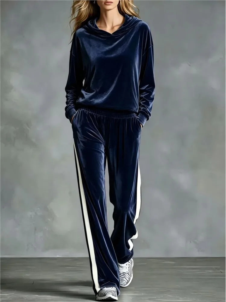 Women's 2-Piece Hooded Sweatshirt & Trouser Set – Patchwork, Casual Loose Fit