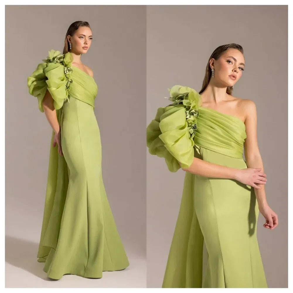 One-Shoulder Pleated Jersey Mermaid Evening Dress