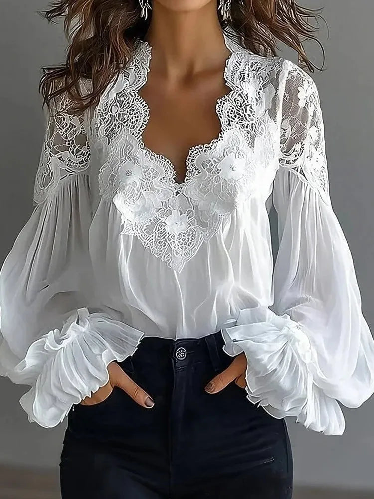 Blouse Solid Elegant Sexy V-neck Lace Splicing Lantern