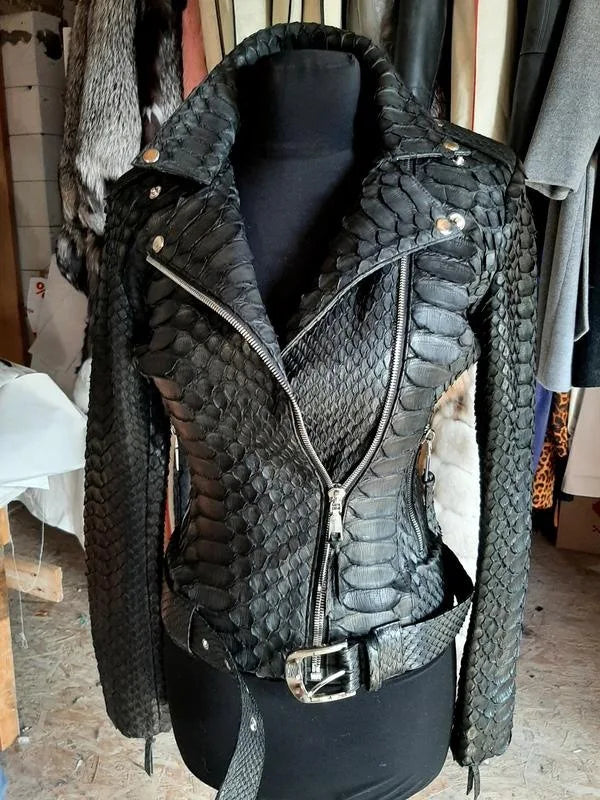 Women's Snakeskin PU Leather Moto Jacket – Zip-Up Biker Jacket