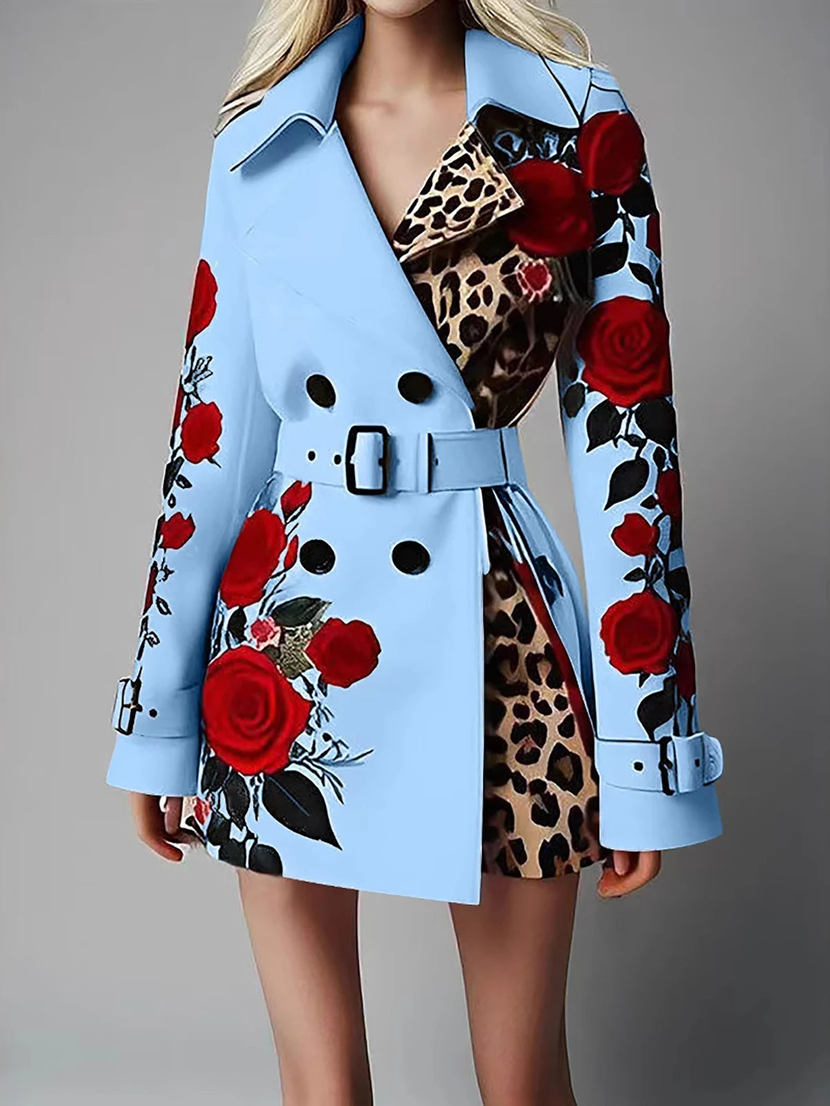 Chic Trench Coat Red Rose Leopard Print Double Breasted Belted Lapel Long LADYLYS