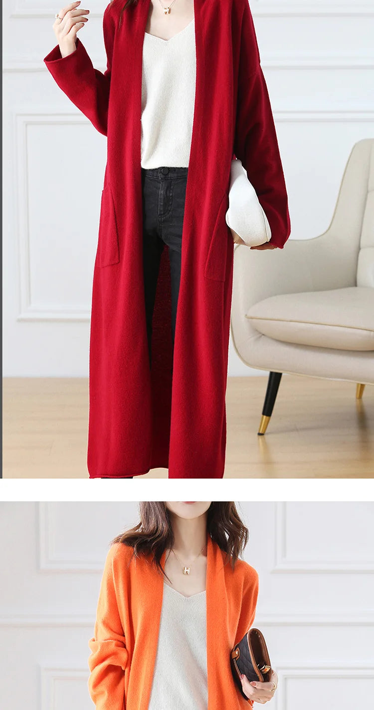 Women's Long Wool V-Neck Cardigan, Loose Fit