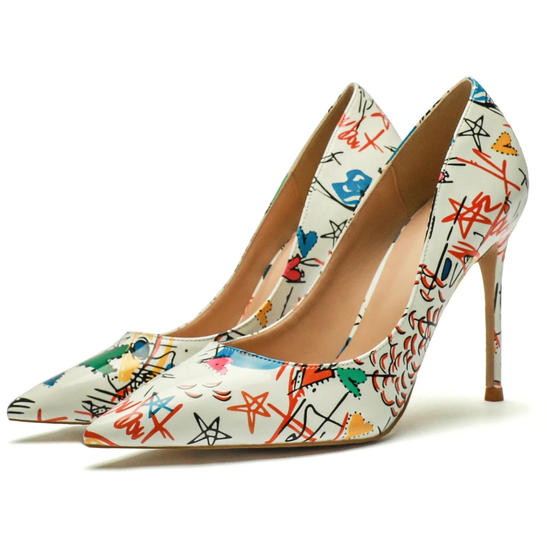Luxury Stiletto Pumps – Pointed Toe, Extreme High Heel, Graffiti Print