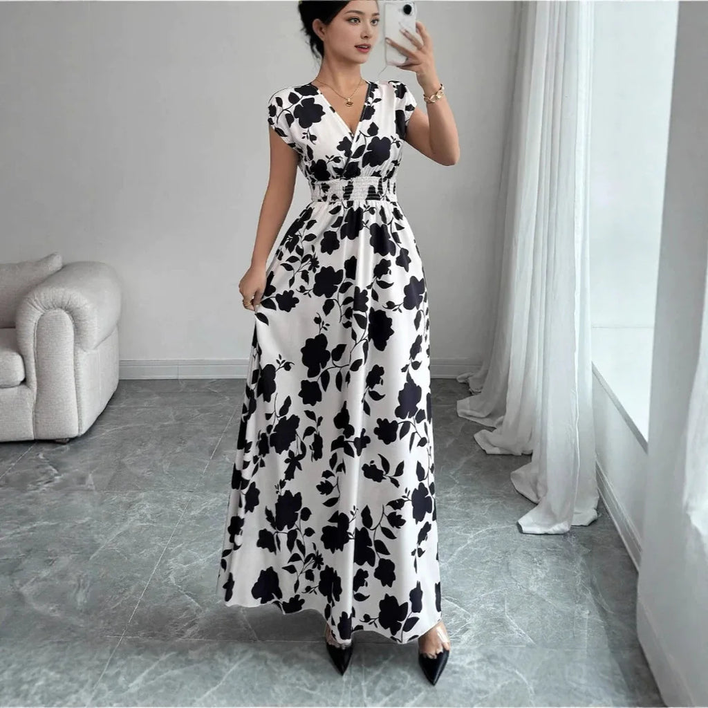 Printed V-Neck Short Sleeve Midi Dress – Lace-Up Waist Casual Summer Dress