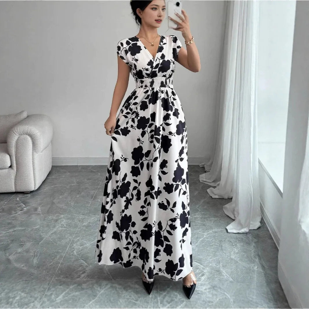 Printed V-Neck Short Sleeve Midi Dress – Lace-Up Waist Casual Summer Dress