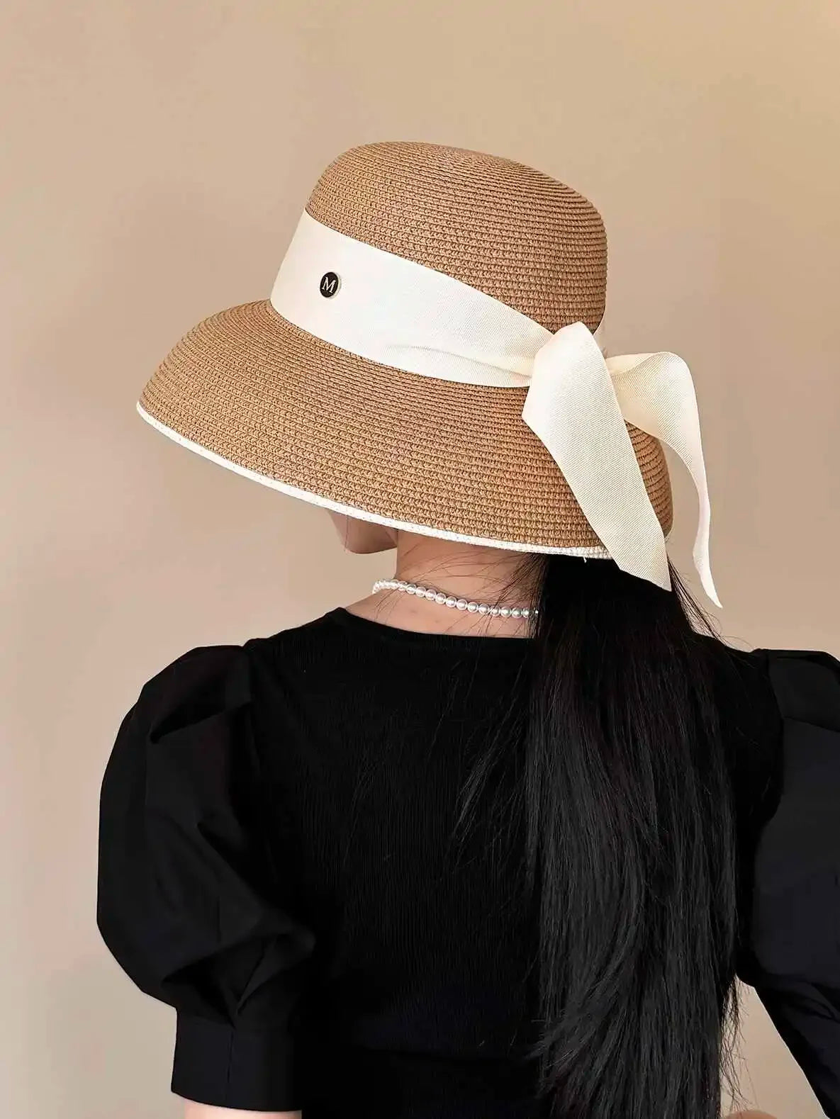 French Retro Straw Sun Hat with Bow Detail - Hepburn Style Elegant Wide Brim LADYLYS