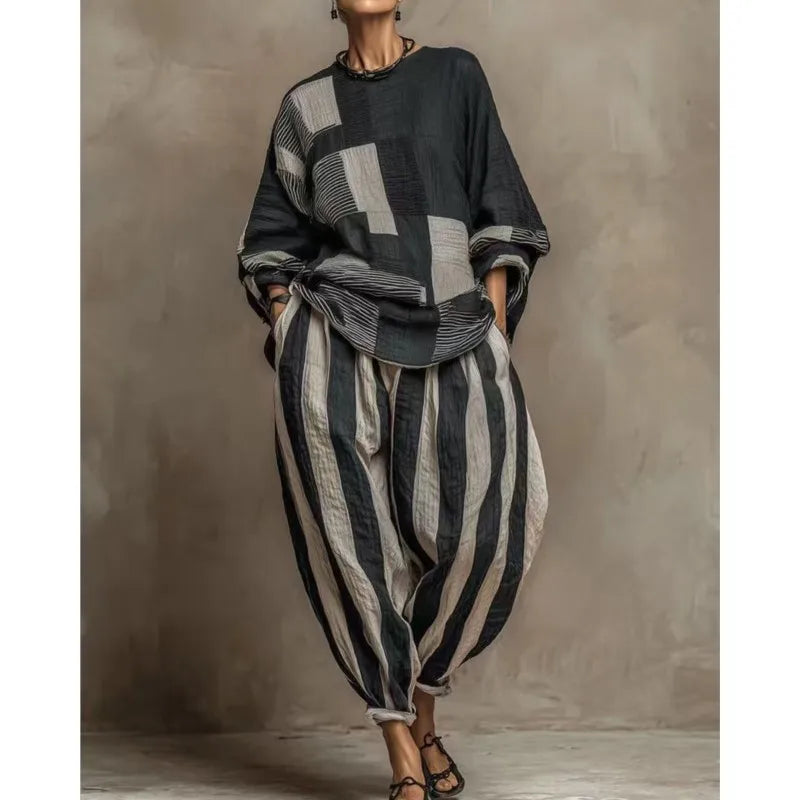 Women's Striped Patchwork 2-Piece Set – Loose Top & Harem Pants, Office Casual