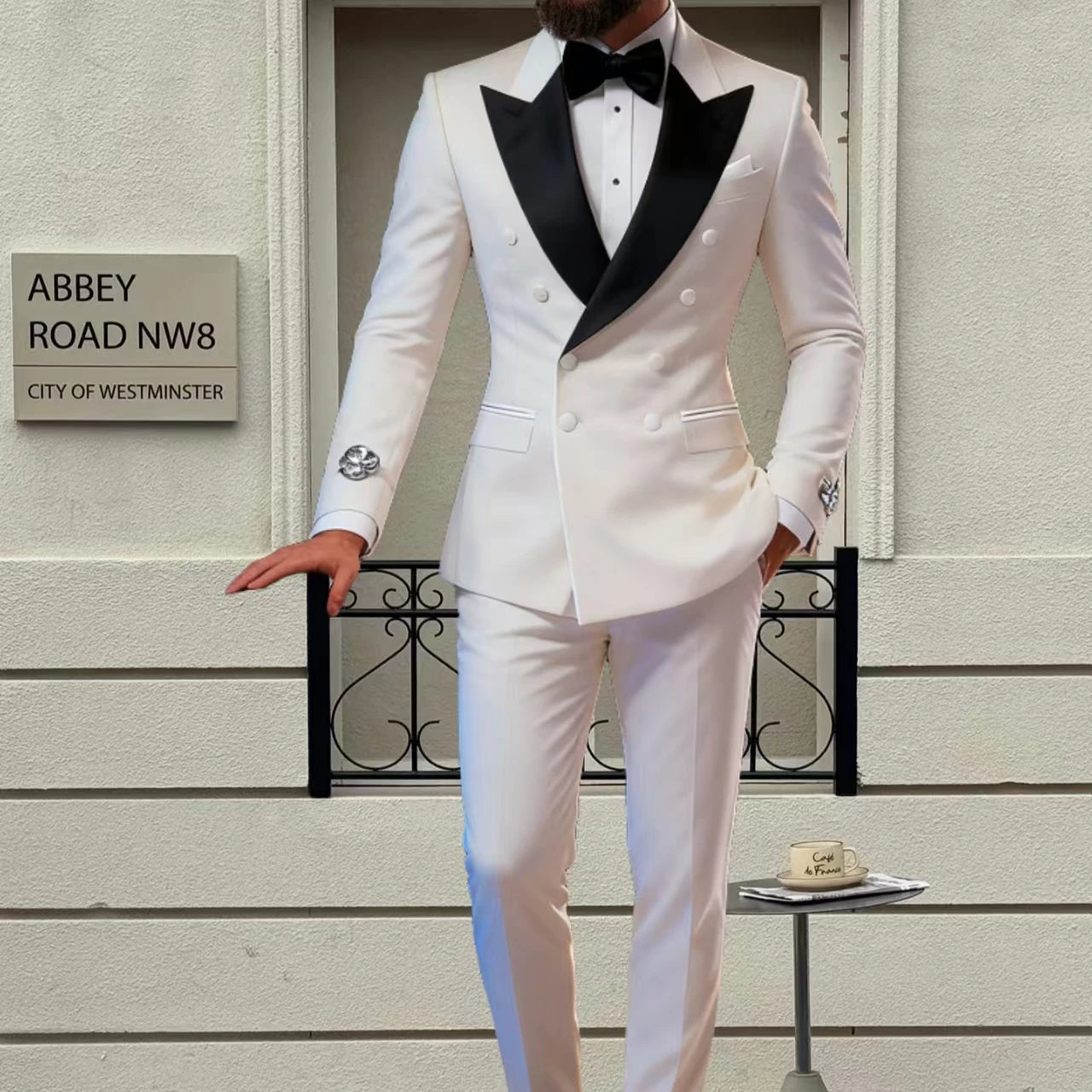 Men's 2-Piece Casual Smoking Set White Lapel Blazer Pants LADYLYS