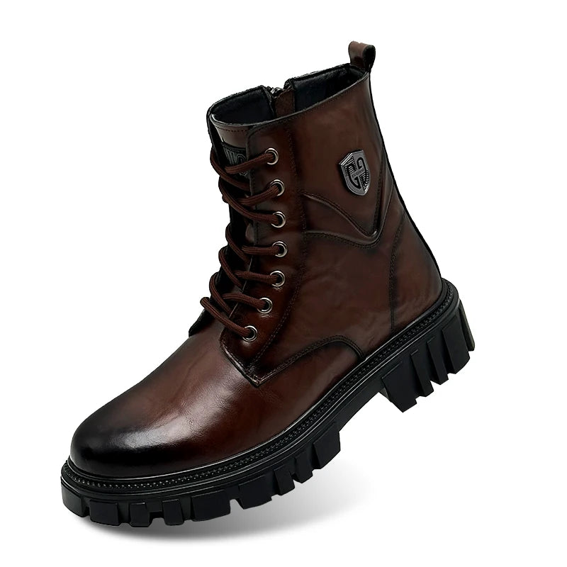 Men's Split Leather Motorcycle Ankle Boots – High-Top Slip-On Thick Sole Winter Boots