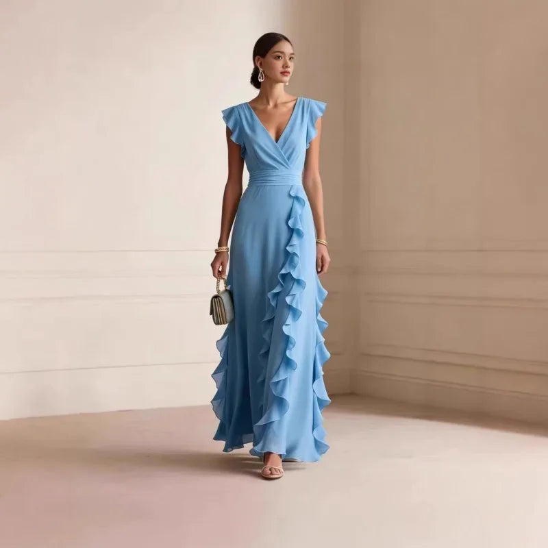 Women's Elegant Ruffle Sleeveless V-Neck Maxi Dress – Bohemian Party & Evening Gown