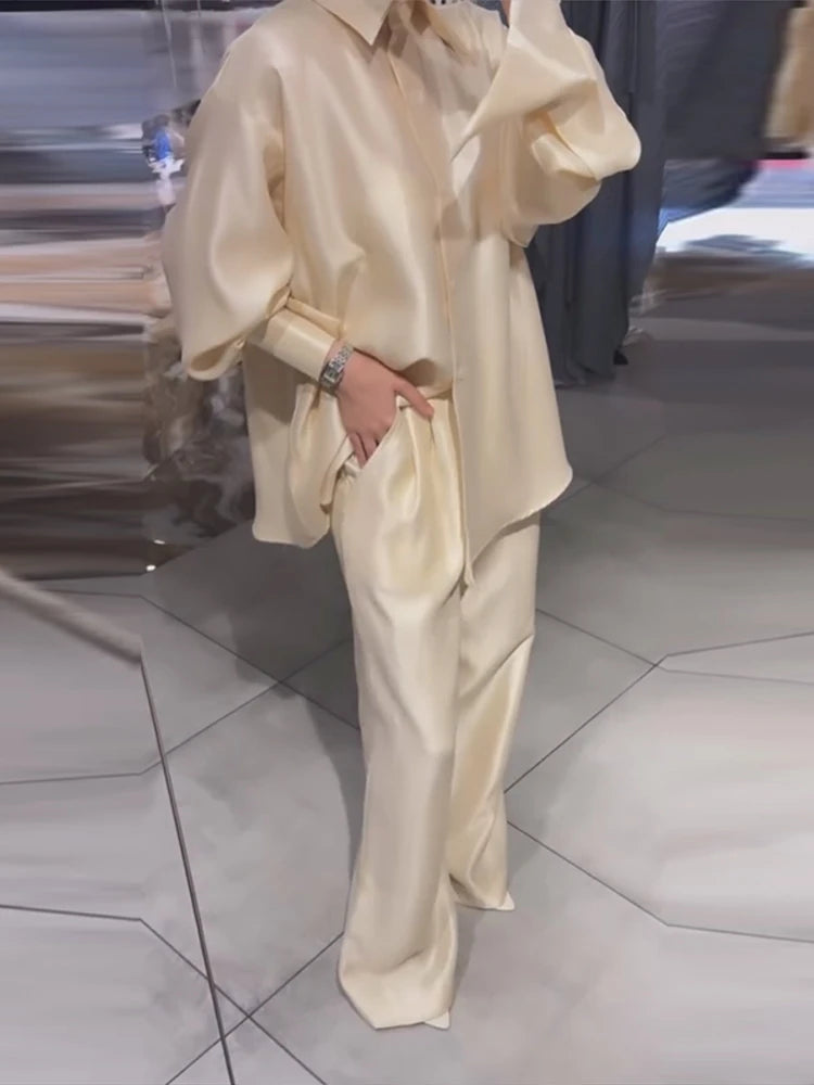 Women's 2-Piece Satin Set – Oversized Lapel Blouse & High-Waist Wide-Leg Trousers | Chic Street Style