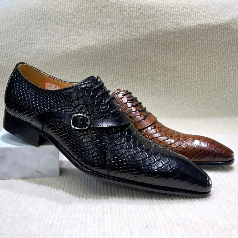 Italian-Style Handcrafted Leather Oxford Shoes – Python Pattern, Pointed Toe