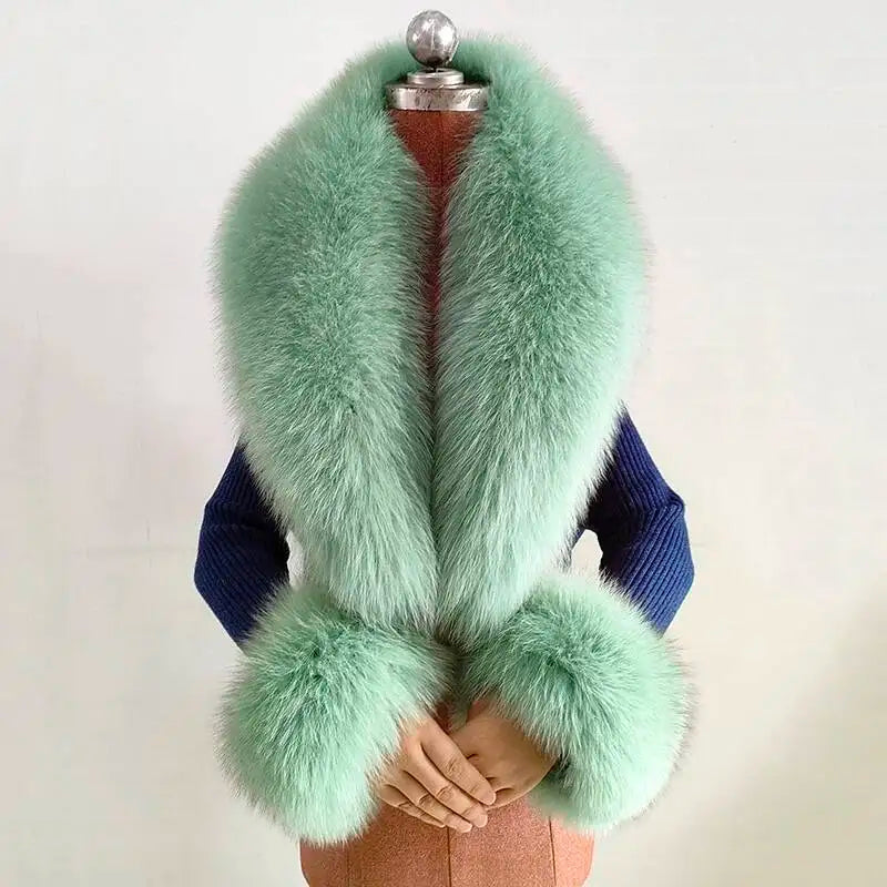 Women's Real Fur Collar and Cuffs Set, Fluffy Winter Scarf