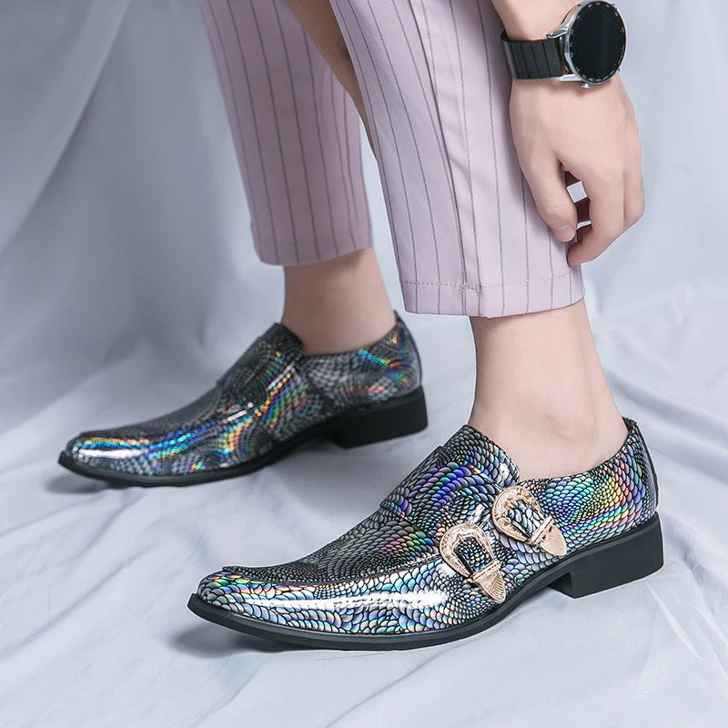 Luxury Men's Glossy Leather Loafers – High-End Green Banquet, Pointed Toe Chelsea