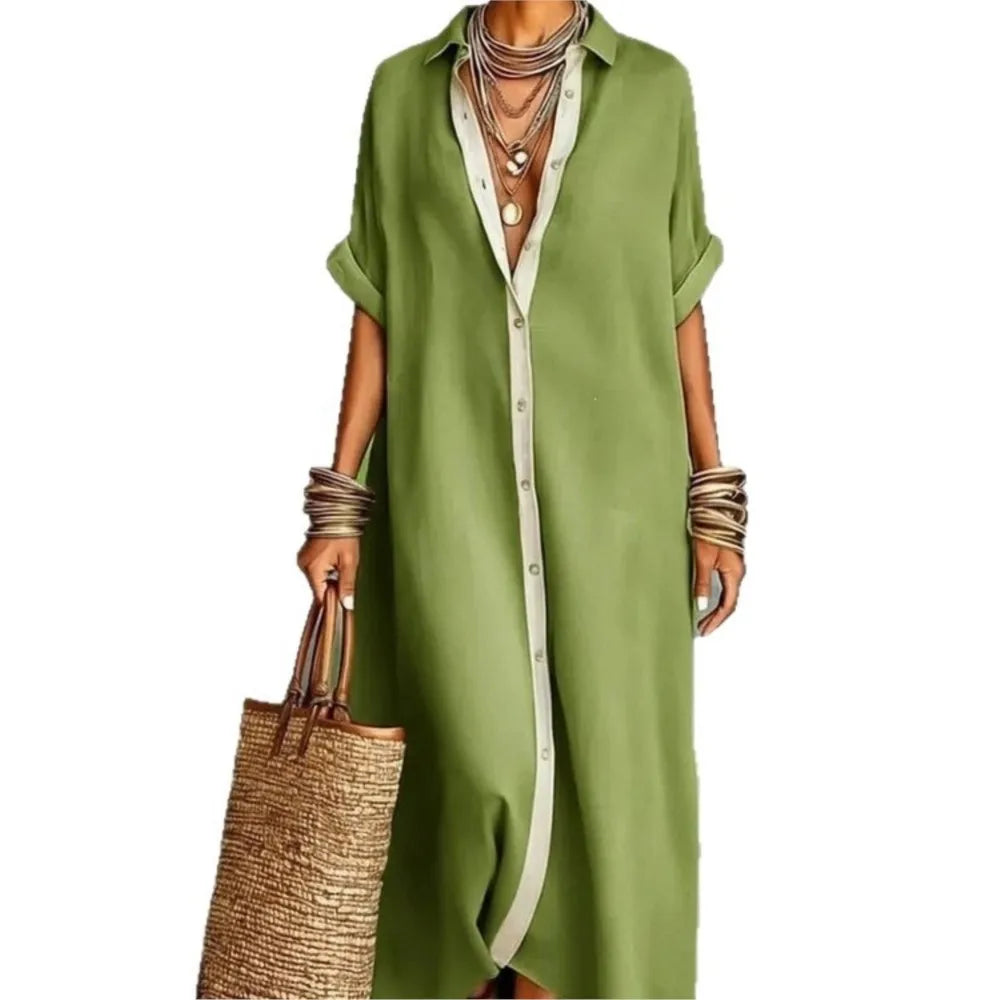 Patchwork Button Shirt Midi Dress – Short Sleeve Loose Beach Vacation Dress