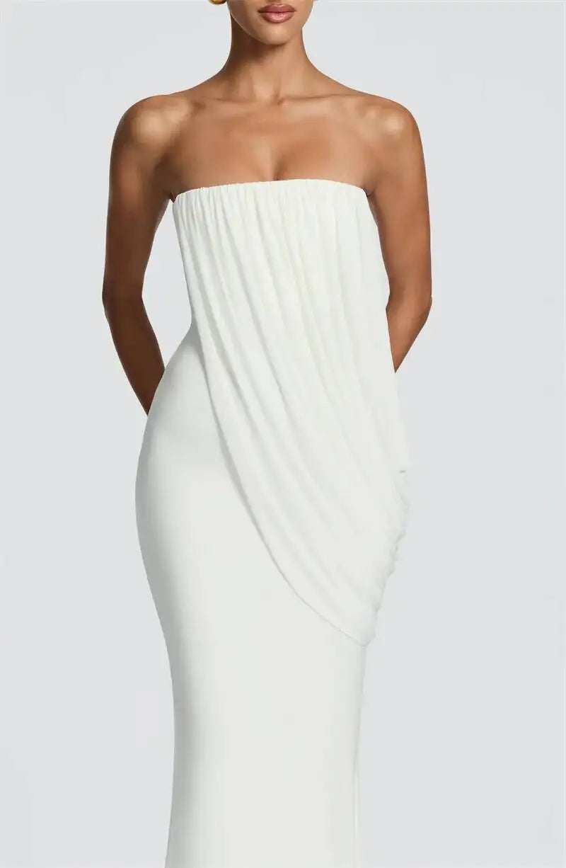 Mesh Backless Off-Shoulder Maxi Dress – Ruched High Waist Slim Evening Gown