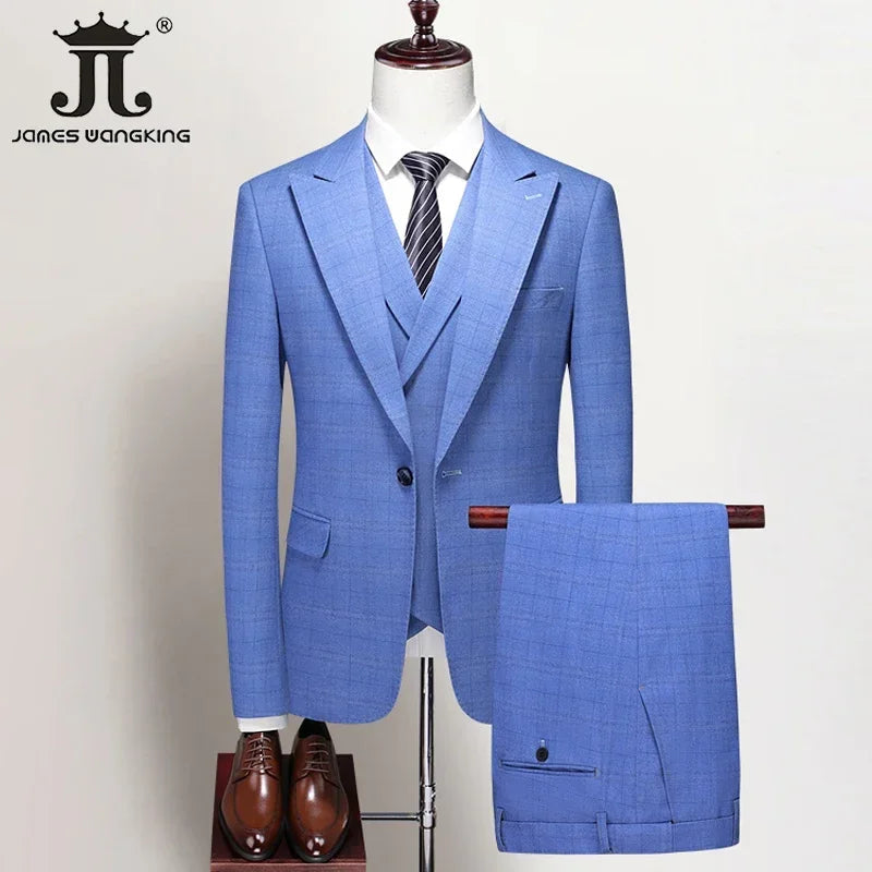 Men's Formal Suits 3 Piece Set British Plaid Style (Blazer + Vest + Trousers) LADYLYS
