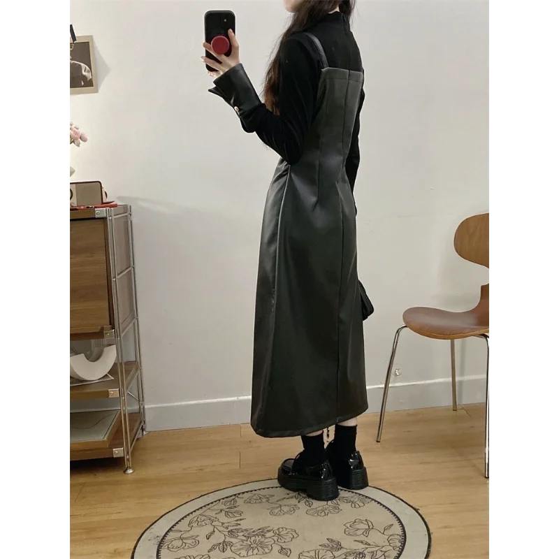 Women's Black PU Leather Dress – Faux Two-Piece A-Line, Long Sleeve, Midi Length