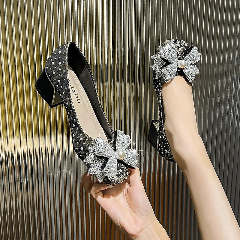 Fashion Thick Heel Square Toe Rhinestone Shallow Mouth Women Shoes Large Size 43 LADYLYS