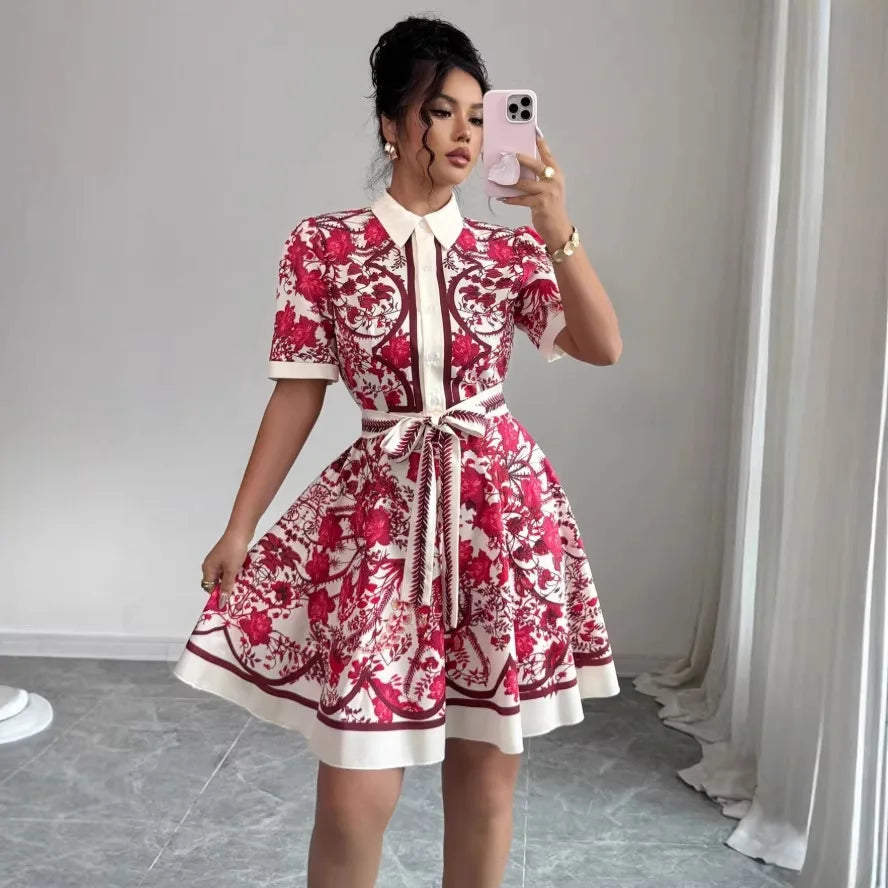 Printed Tie-Waist Shirt Dress – Short Sleeve A-Line Knee-Length | High Street Y2K Style