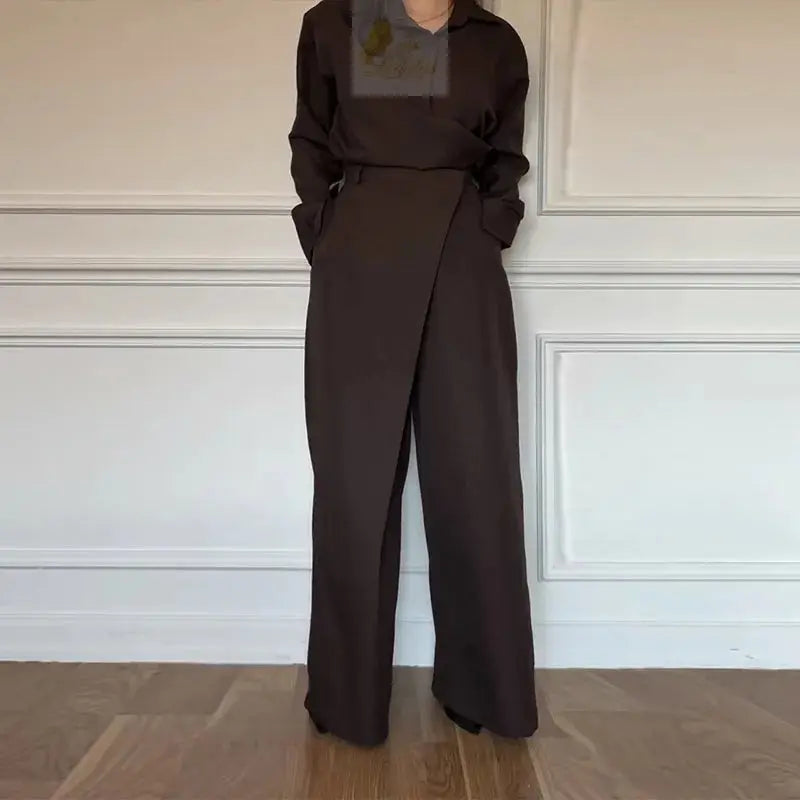 Solid Women's Shirt Trouser Suits Full Sleeve Turn-Down Collar Wide Leg Pants Lady Set LADYLYS