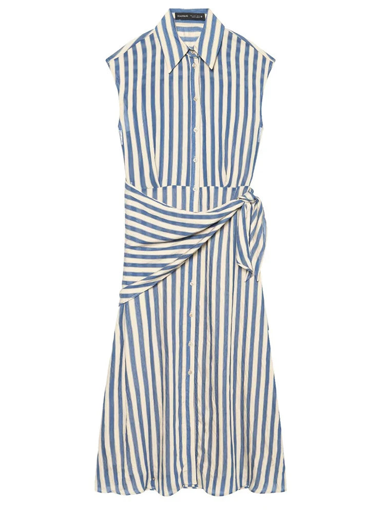 Striped Sleeveless Shirt Dress – Single-Breasted Detachable Waist Tie Maxi Dress