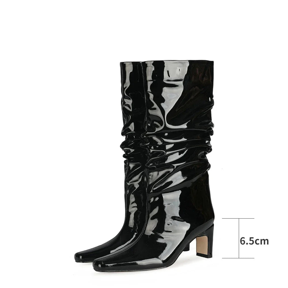 Women's Patent Leather Knee-High Boots – Thick Square Heel Slip-On Winter Boots in 21 Colours
