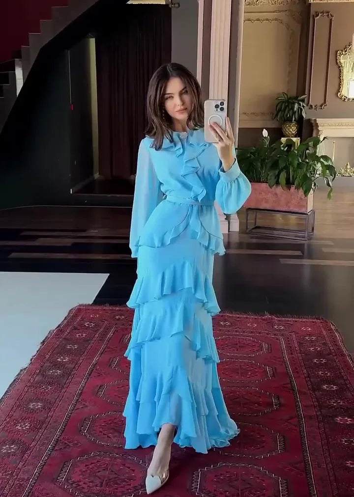 Women's Elegant Layered Ruffle Maxi Dress with Long Sleeves and Belt