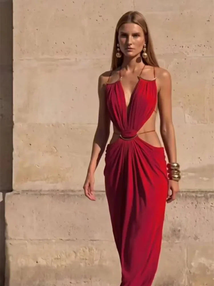 Deep V Cutout Ruched Maxi Gown – Spaghetti Strap Sleeveless Evening Dress