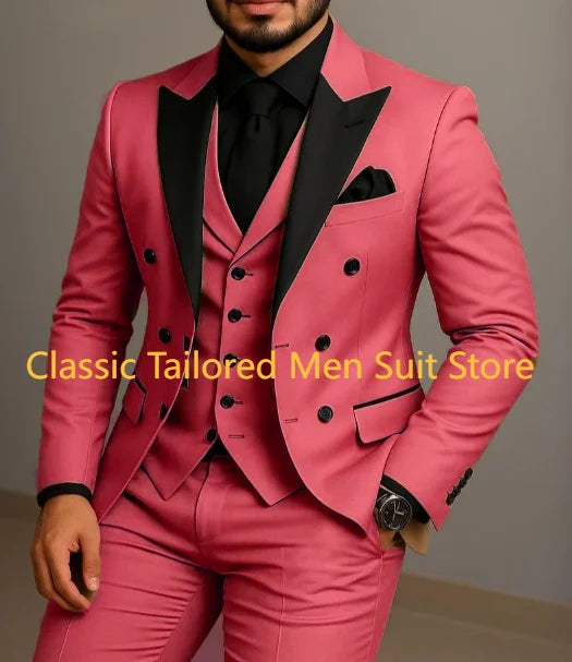 Beige Double Breasted Black Lapel  Slim Fit Wedding Suit LADYLYS