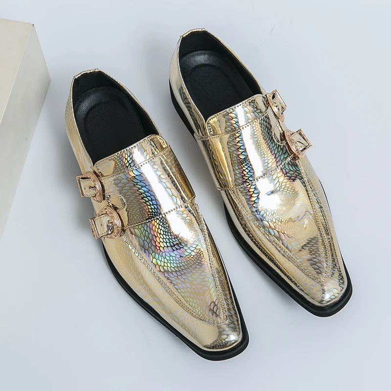 Luxury Men's Glossy Leather Loafers – High-End Green Banquet, Pointed Toe Chelsea