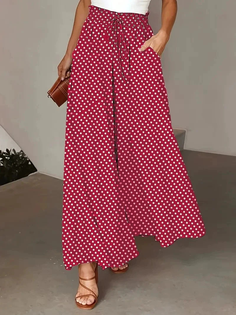 Bohemian Wide-Leg Pants with Elastic Waist and Polka Dot Print Long Skirt LADYLYS