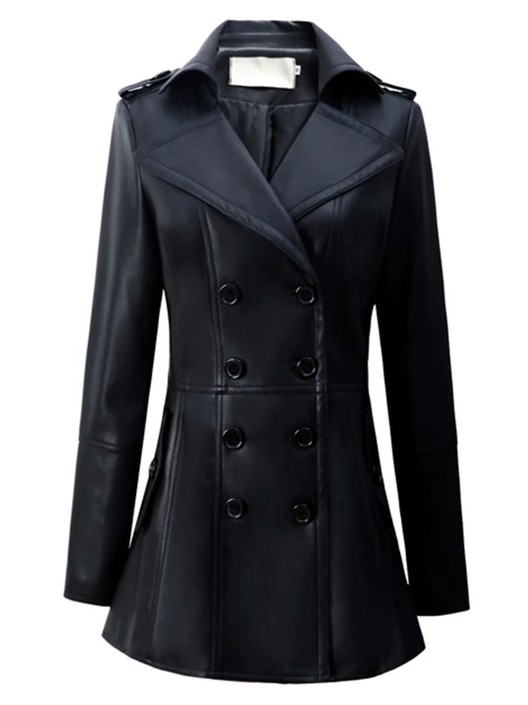 Women's Fitted Faux Leather Blazer – Double-Breasted, Elegant Office Jacket