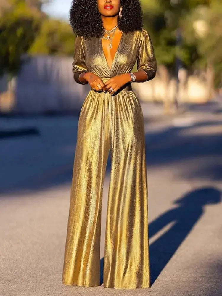Sexy Deep V-neck High Waisted Wide Leg Jumpsuits LADYLYS