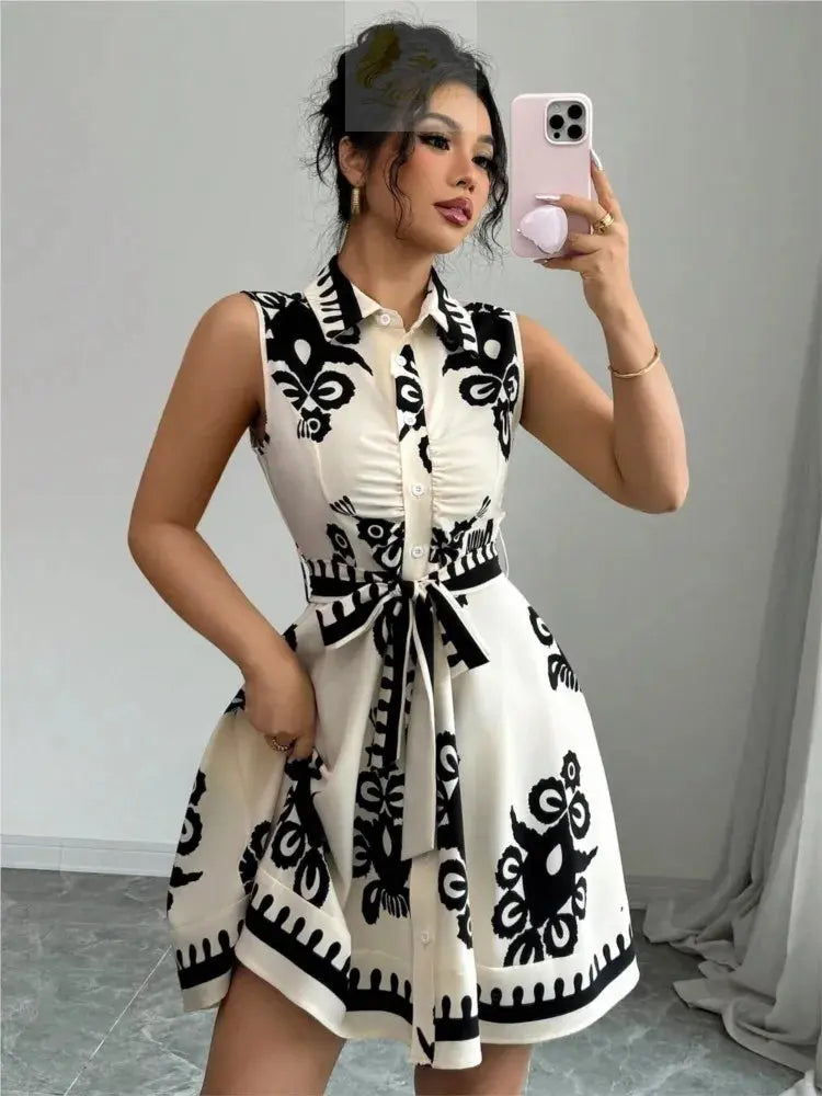 Printed Waist Halterneck Tie Dress Elegant LADYLYS