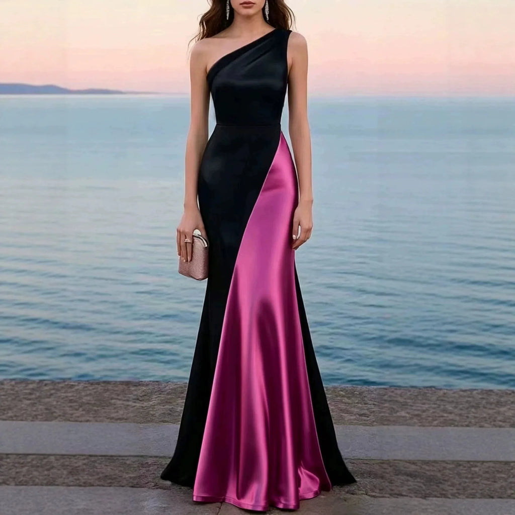 Women's Luxury Satin One-Shoulder Mermaid Gown — Black & Red Patchwork Evening Dress