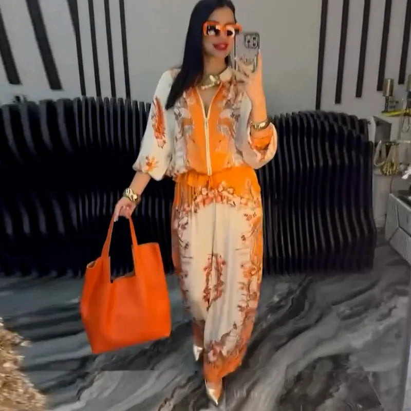 Printed Drawstring Trousers 2-Piece Set – Zipper Top & Wide-Leg Pants Outfit