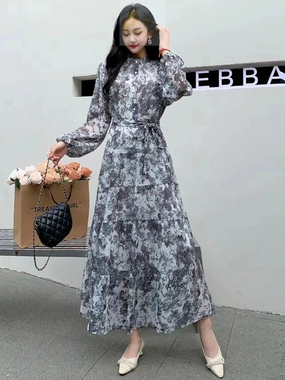 Long Sleeve Bandage Slim Long High Quality Fashion Floral Print Big Hem Chiffon Dress LADYLYS