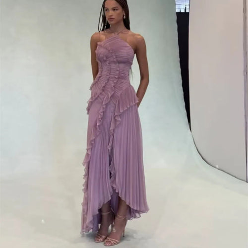 Elegant Ruffle Pleated Long Dress Fashion Sleeveless Halter Irregular Tiered Pleated Flowy LADYLYS