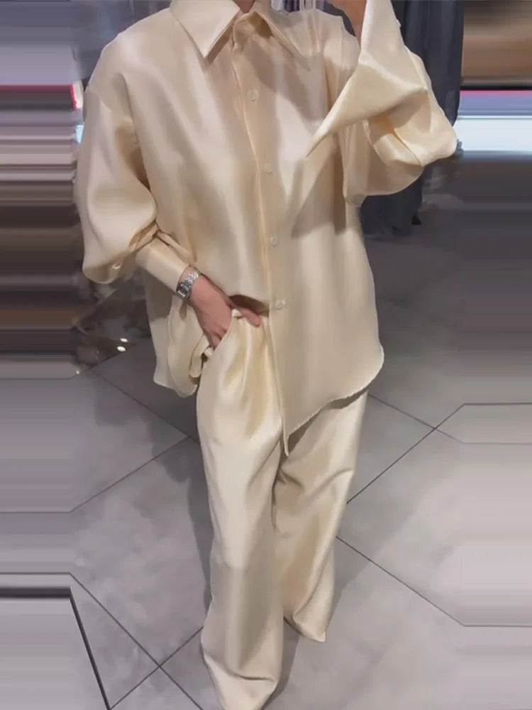 Women's 2-Piece Satin Set – Oversized Lapel Blouse & High-Waist Wide-Leg Trousers | Chic Street Style