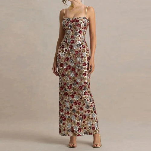 Elegant Flower Sequin Slim Suspender Sexy Long Dress LADYLYS