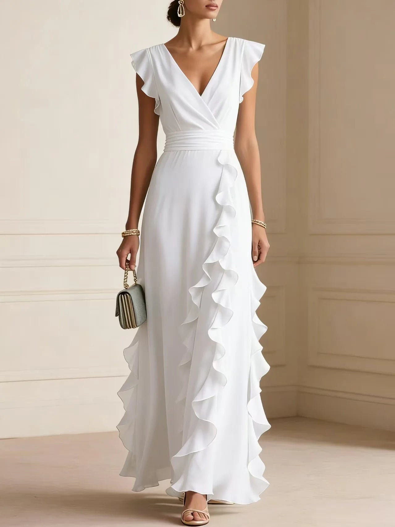 Women's Elegant Ruffle Sleeveless V-Neck Maxi Dress – Bohemian Party & Evening Gown